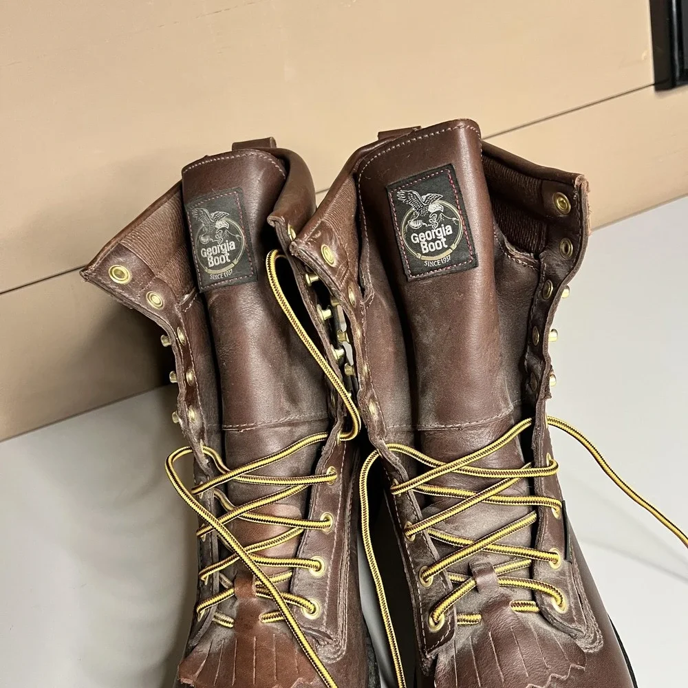 Georgia Boot Mens Brown Leather Waterproof Logger Boots Vibram Sole Kiltie